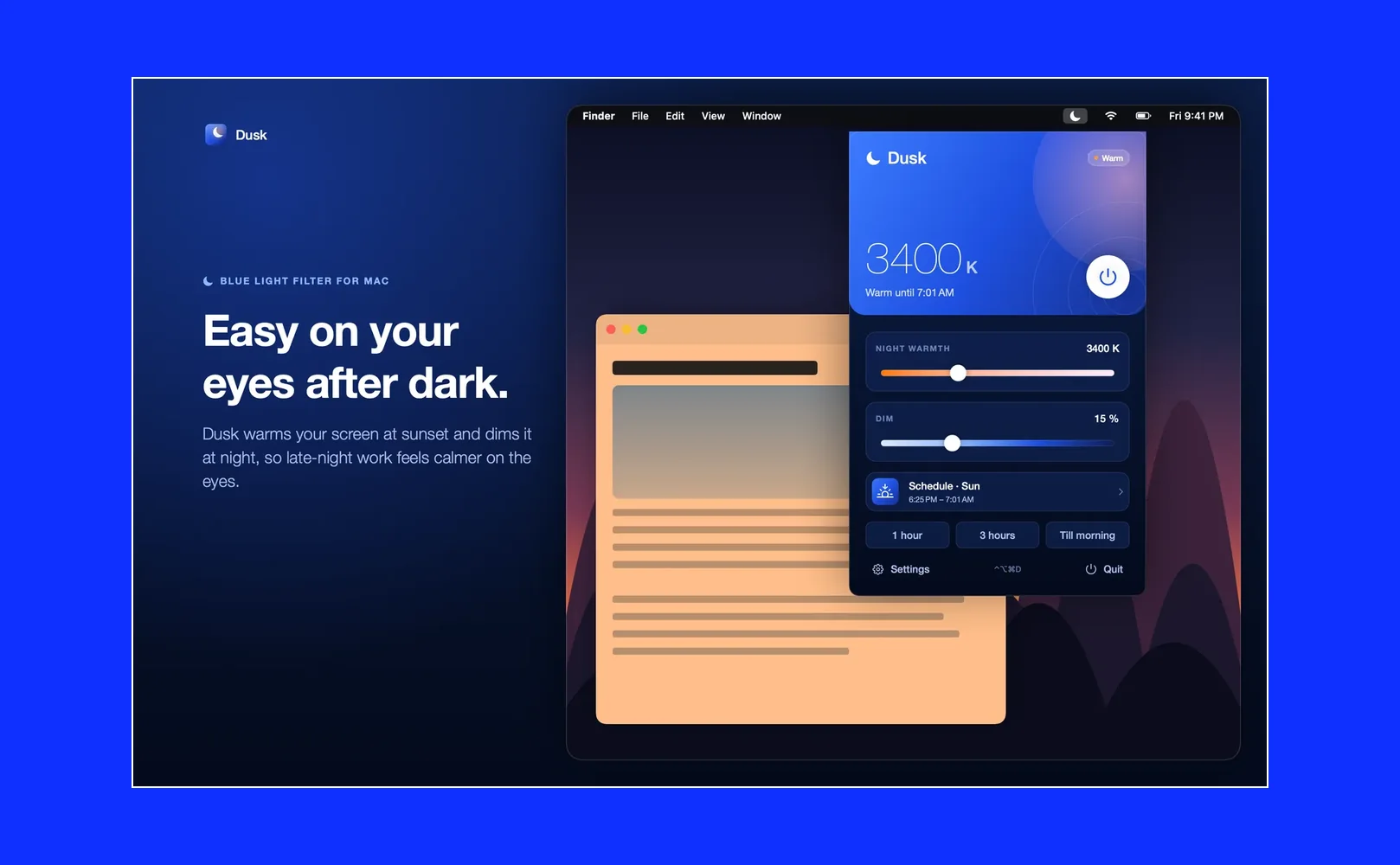 The Dusk menu-bar panel on a Mac, set to a warm 3400 kelvin.
