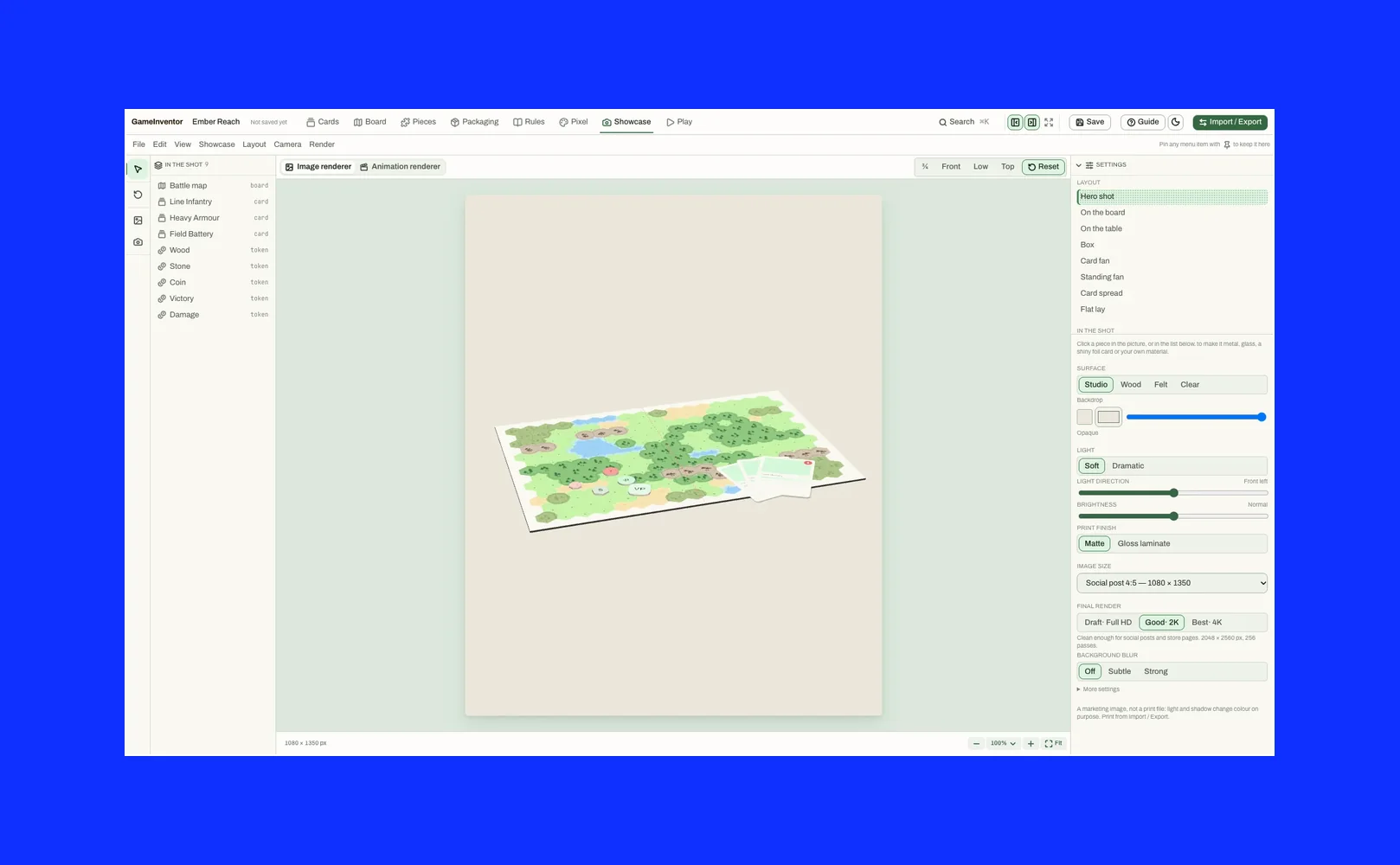 The GameInventor editor showing a hex-tile board map for a tabletop game.