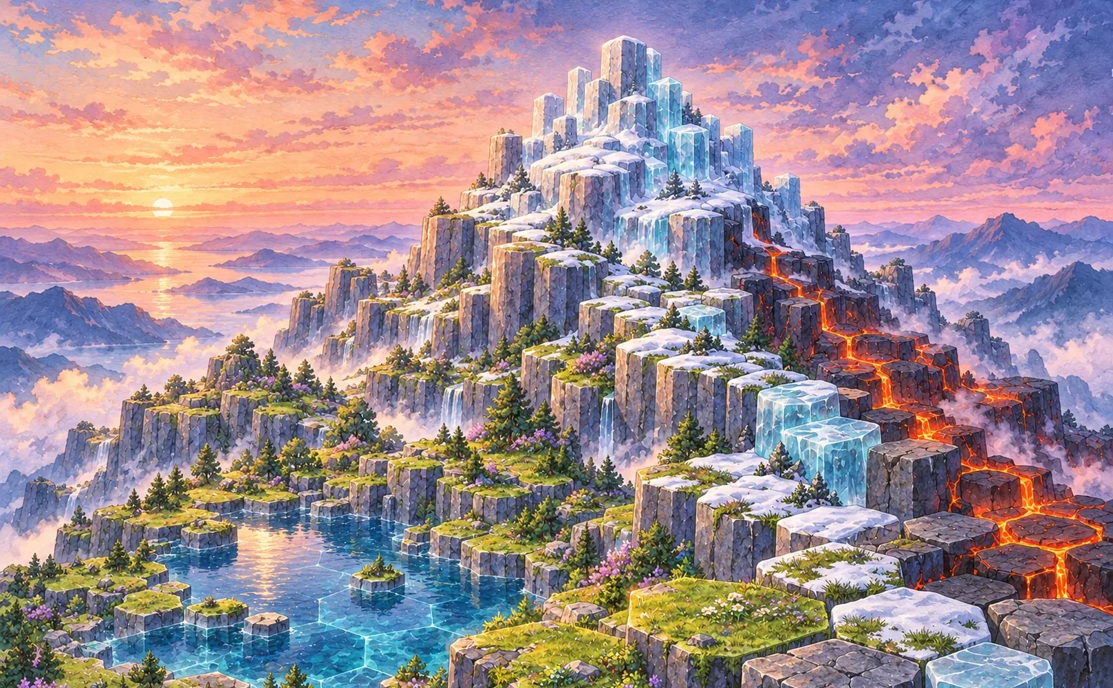 A watercolour of a mountain built from hexagonal tiles, with meadows, a lake, ice and a lava flow.