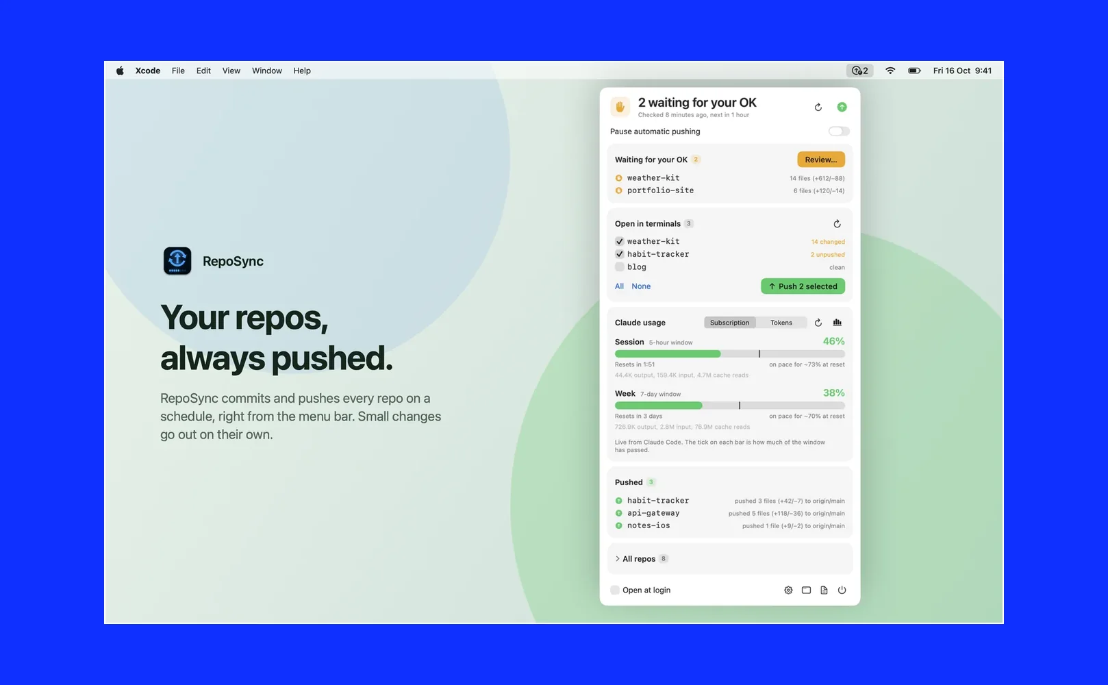 The RepoSync menu-bar panel on a Mac, listing repositories waiting for approval.