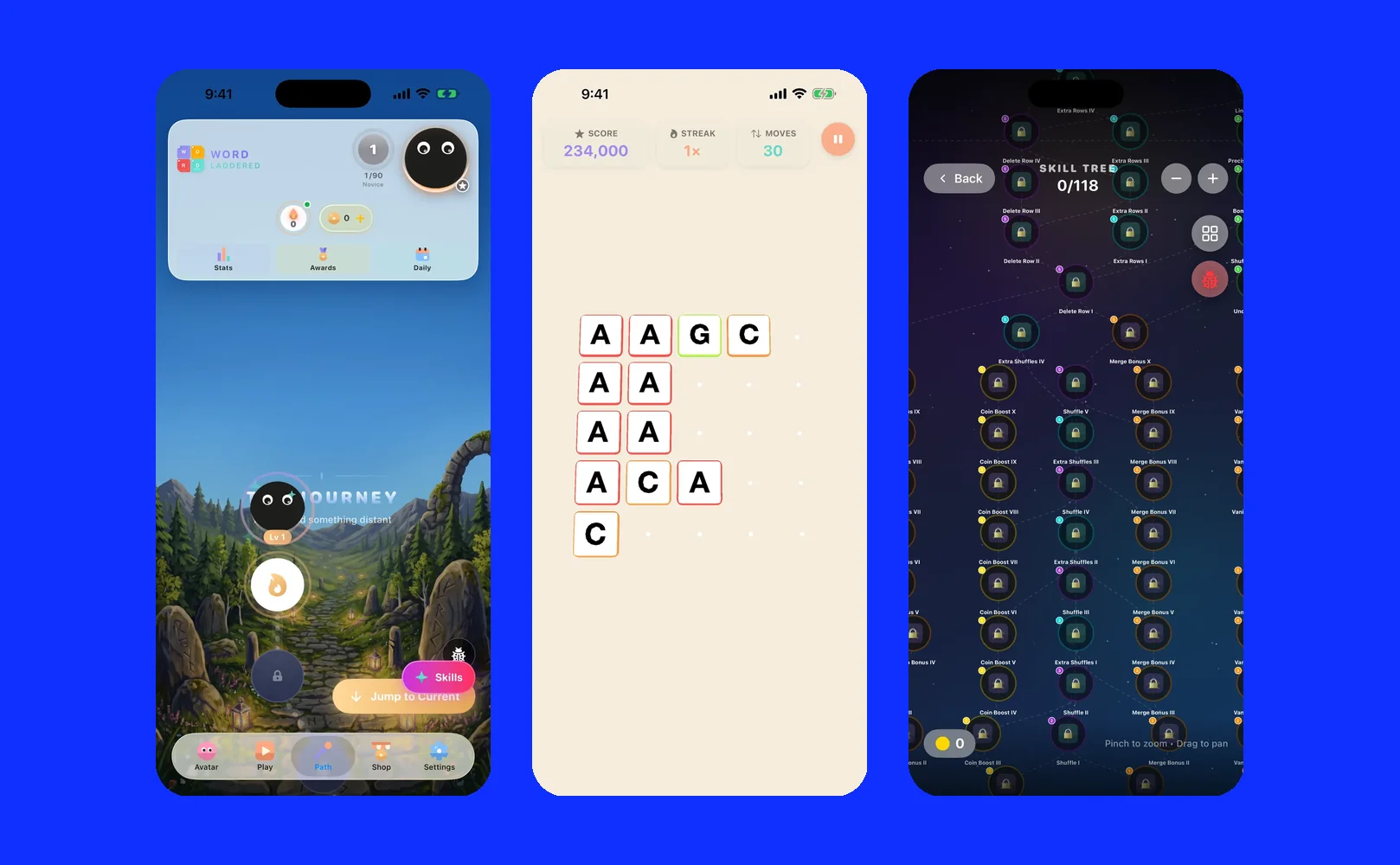 Three Word Laddered screens on iPhone: the path, a board of letter tiles, and the skill tree.