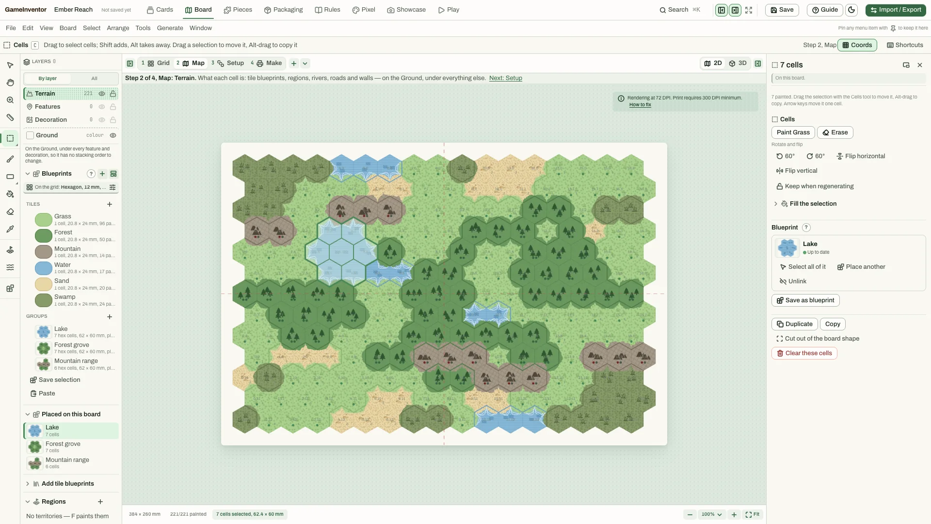 GameInventor's board editor: a hex map painted with grass, forest, mountain, water, sand and swamp tiles, with placed blueprints listed on the left.