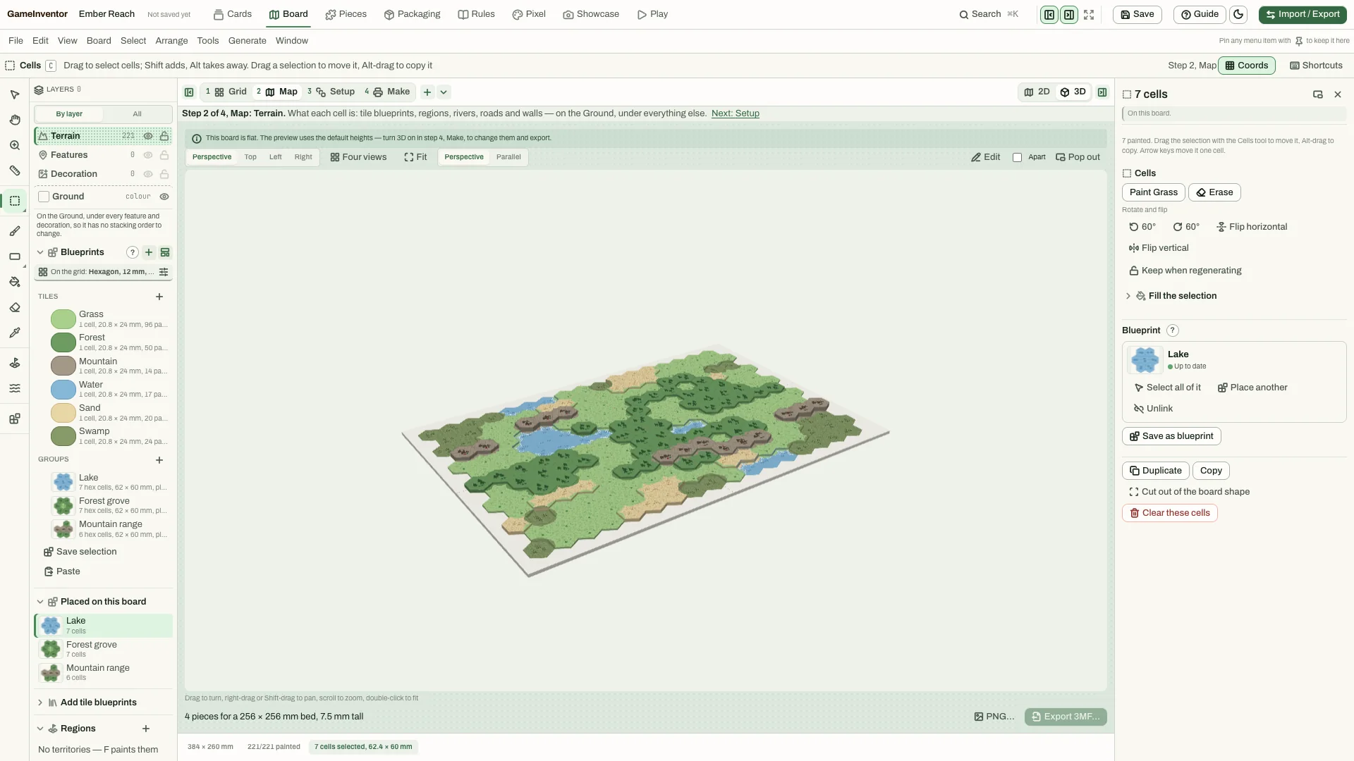 A 3D perspective preview of the hex board in GameInventor.