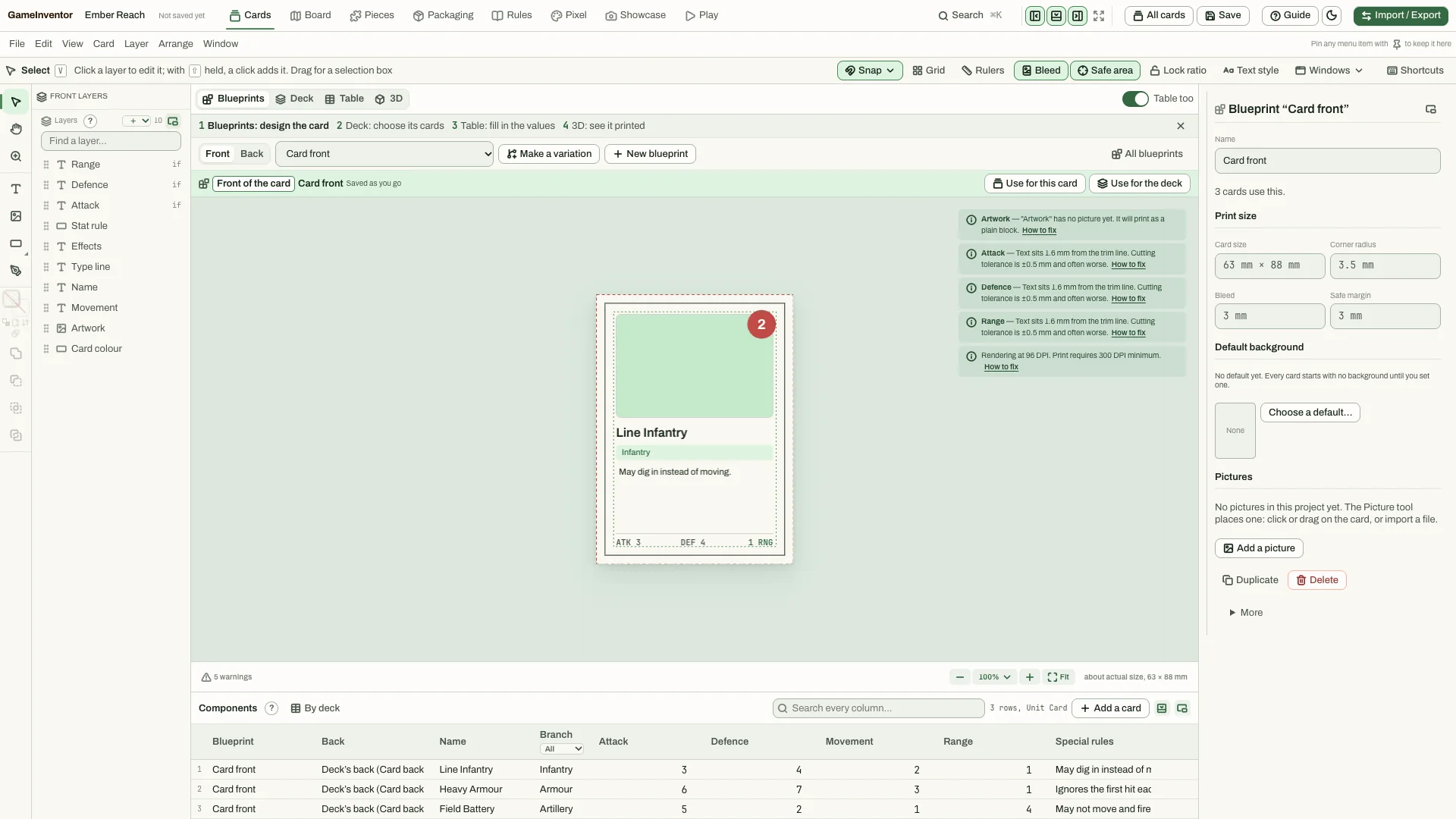 GameInventor's card designer showing a Line Infantry card, its blueprint settings and a table of card data below.