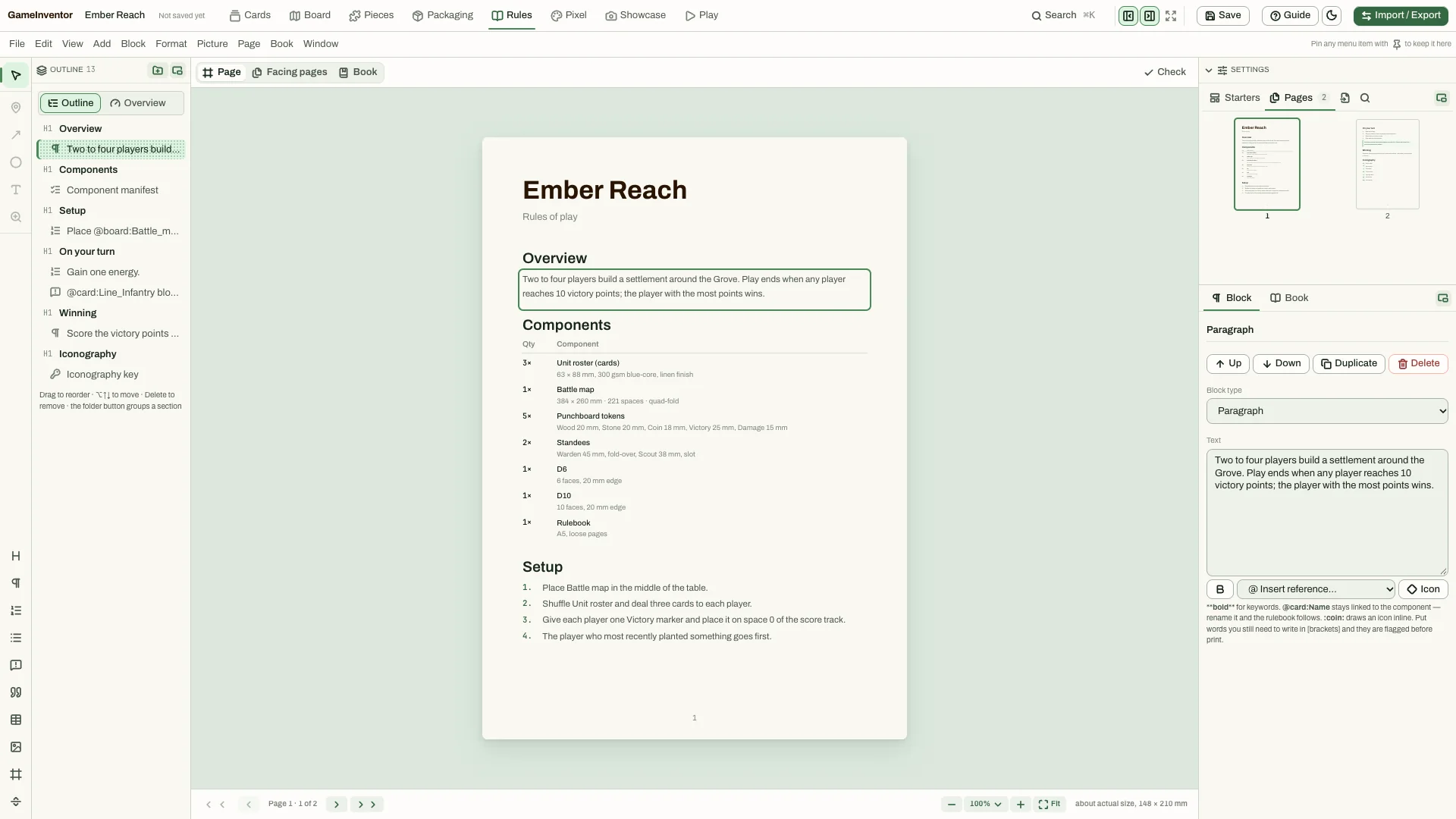GameInventor's rulebook layout with an outline, a page titled Ember Reach and a block editor.