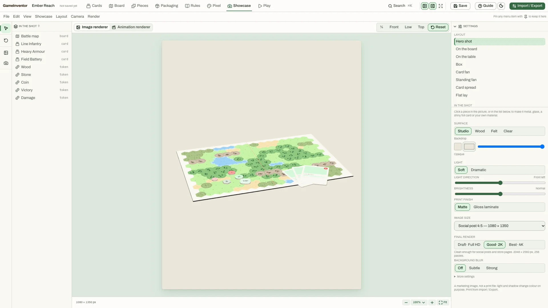 GameInventor's Showcase tab rendering the board and cards as a hero shot, with layout, surface and light settings.