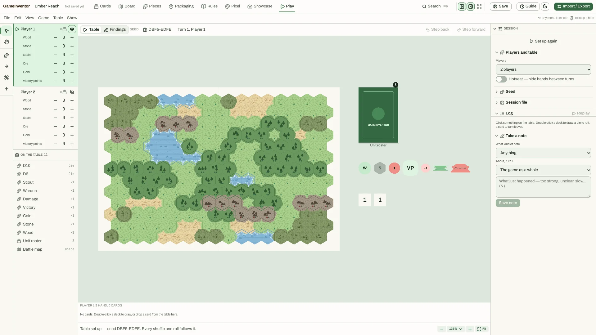 GameInventor's Play tab with the board on a table, resource counters for two players and a session panel.