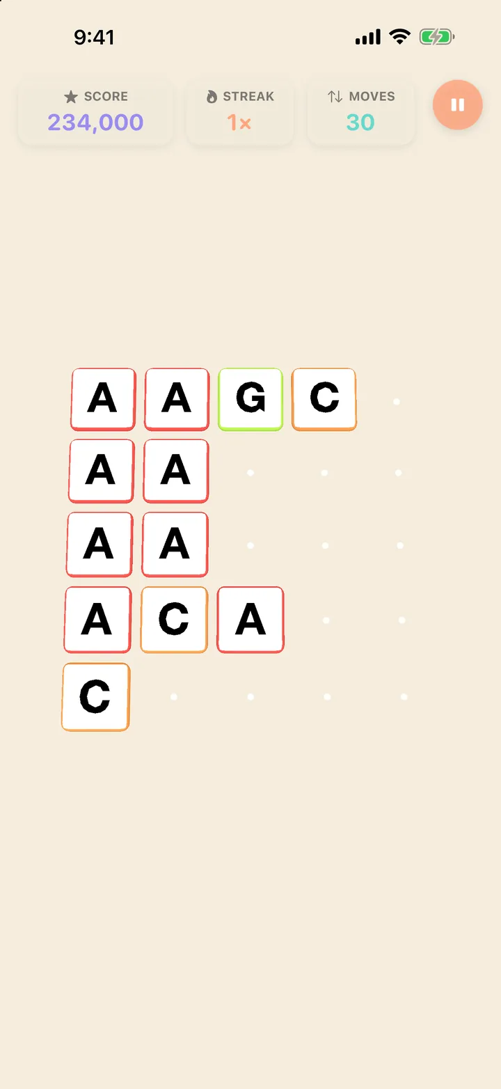 Word Laddered gameplay: letter tiles A, G and C on a cream board, with a score of 234,000, a streak of 1x and 30 moves.