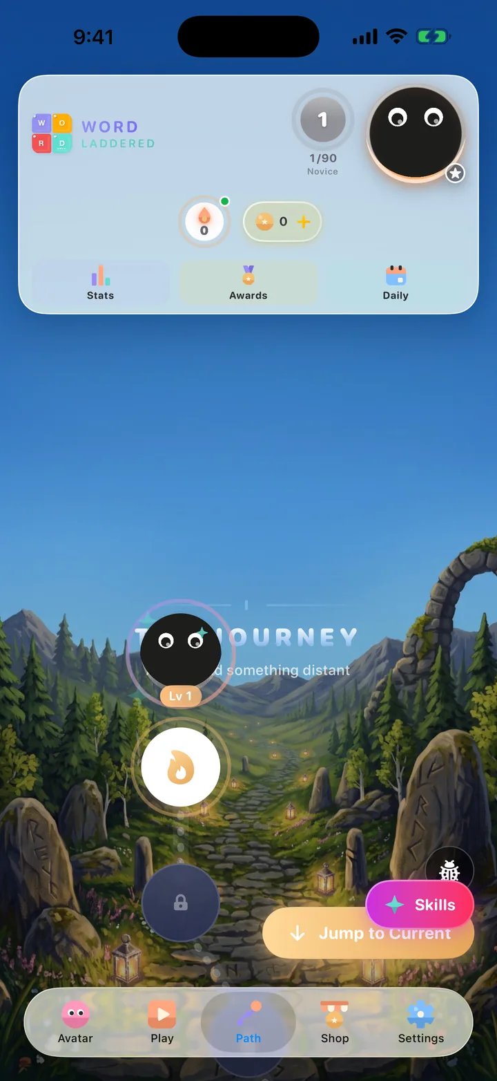 The Word Laddered Path screen: a trail through a painted forest with level nodes, a character, and Skills and Jump to Current buttons.