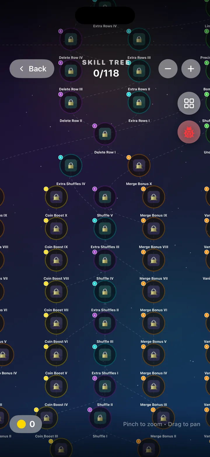 The Word Laddered skill tree: a dark map of locked skill nodes such as Coin Boost, Shuffle, Merge Bonus and Extra Rows.