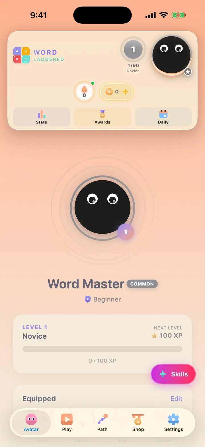 The Word Laddered avatar screen: a round black avatar with eyes, titled Word Master, at level 1 with an XP bar.