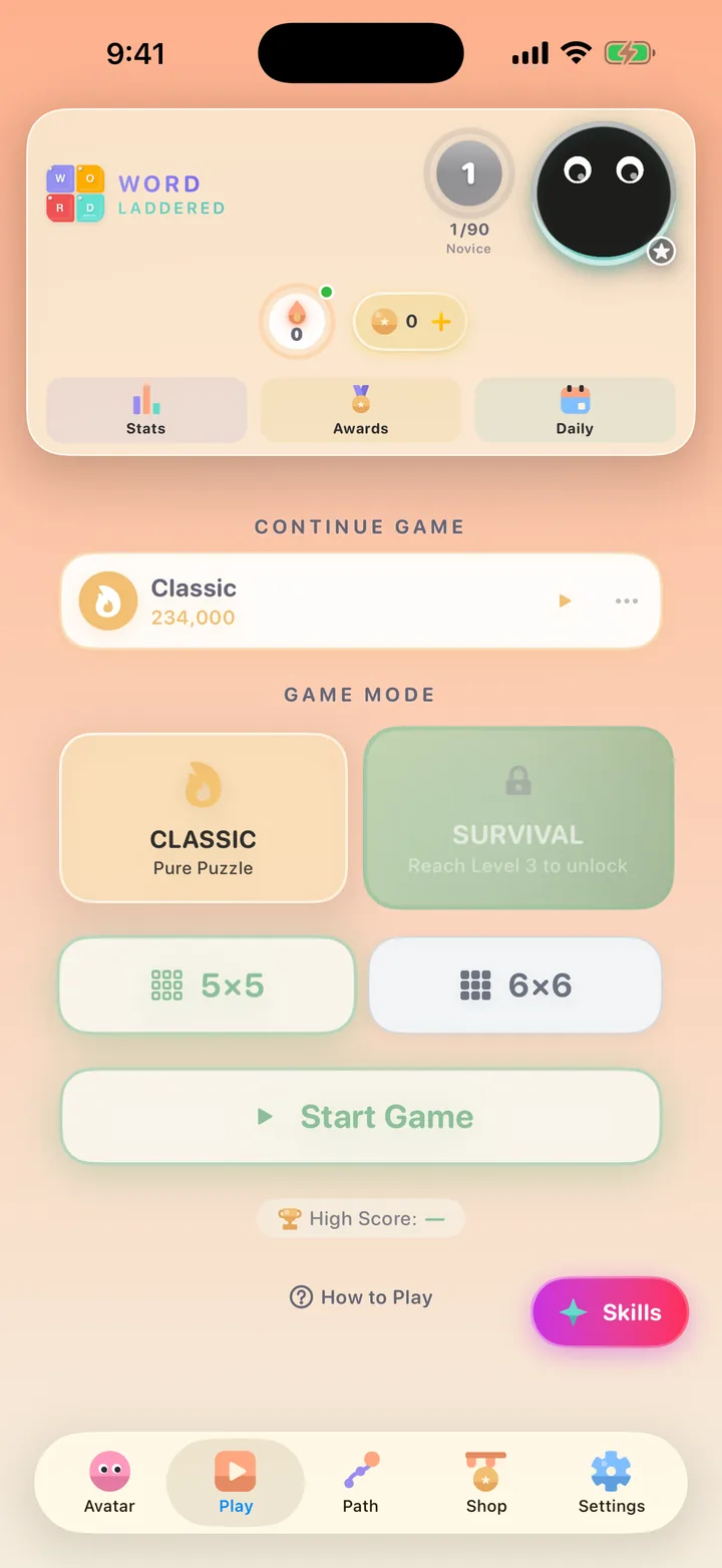 The Word Laddered play menu: Classic mode, Survival locked until level 3, 5 by 5 and 6 by 6 grids and a Start Game button.