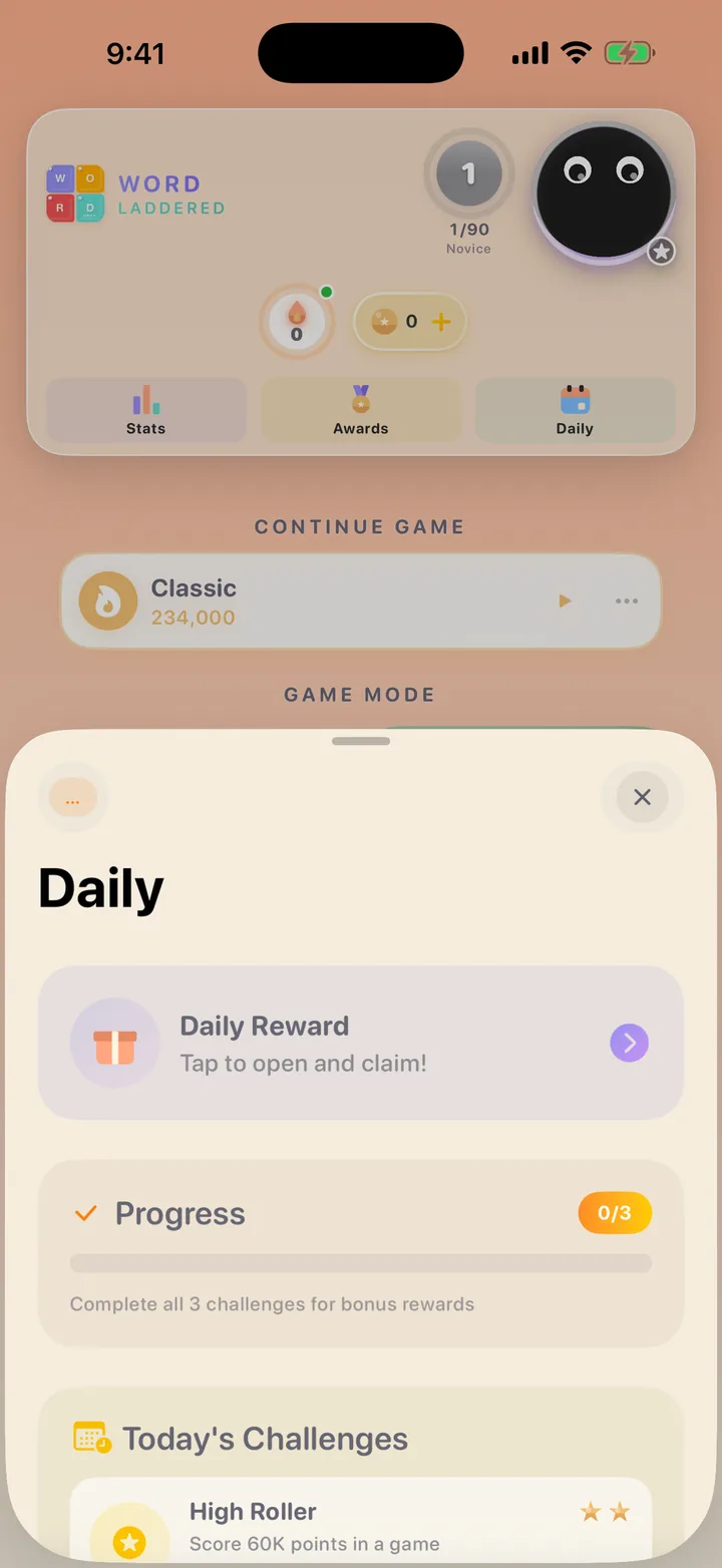 The Word Laddered daily panel with a Daily Reward, a progress bar of 0 of 3, and Today's Challenges.